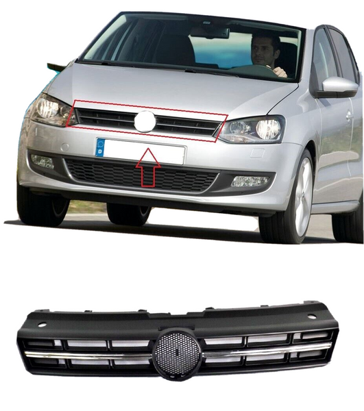FOR VW POLO 6R 2009 - 2014 FRONT UPPER MAIN GRILL BLACK WITH CHROME MOULDING