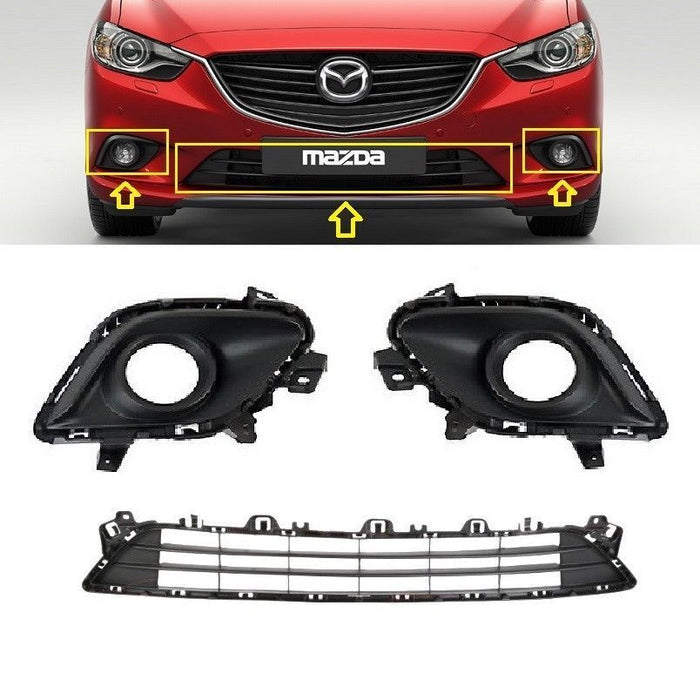 FOR MAZDA SERIES 6 12-FRONT BUMPER SET FOG AND CENTRAL GRILLS GRILL BLACK